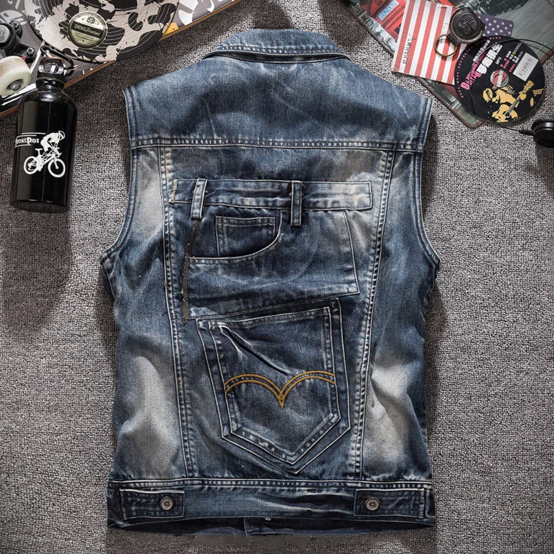 Fashion Motorcycle Splicing Design Ripped Denim Vest