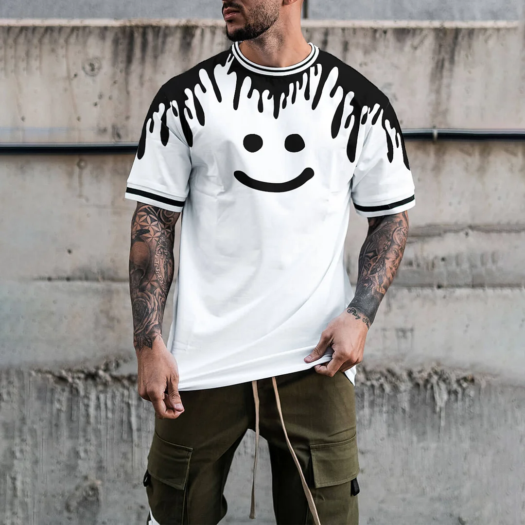 Smile Print T-shirt Men's Casual Color Matching Short-sleeved T-shirt