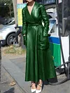 Urban Solid Color Belted Long Sleeves V-Neck Leather Coat