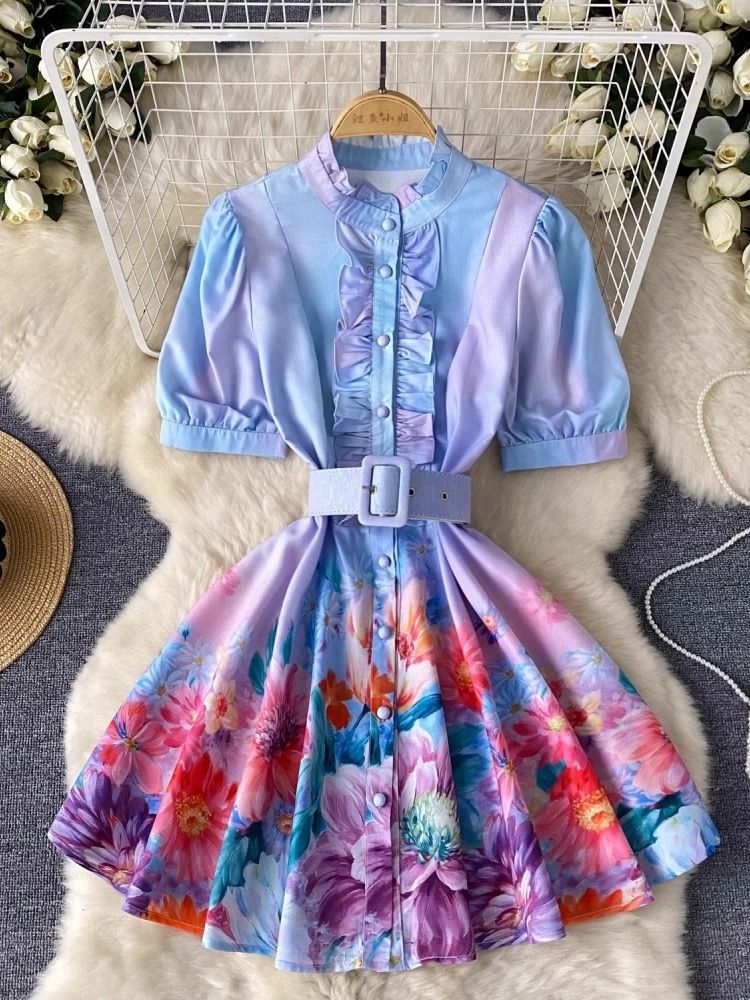 Summer Holiday Gradien Floral Short Dress Women's Linen Stand Puff Sleeve Flower Print Ruffles Buttons Sashes Mini Vestidos