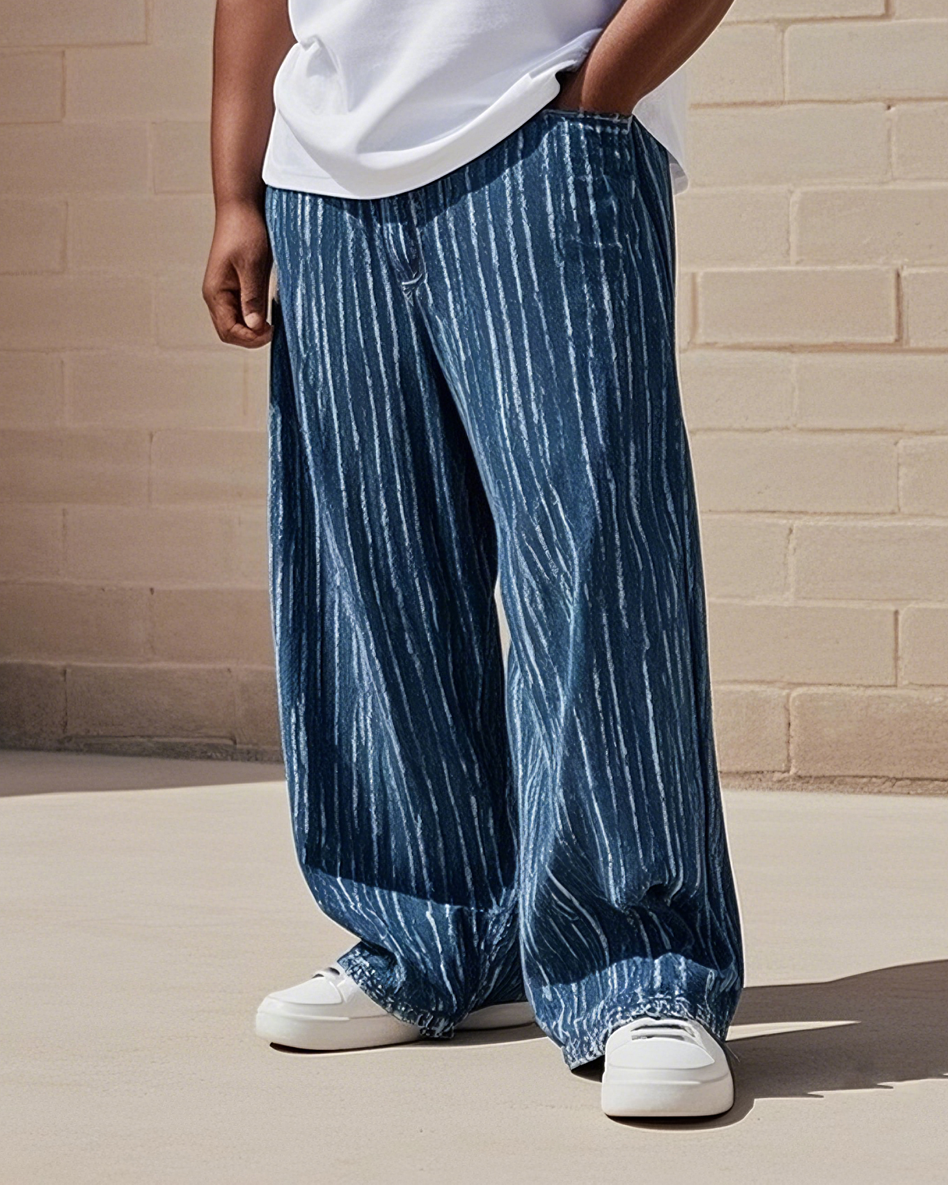 Plus Size Men's Line Print Denim Pants