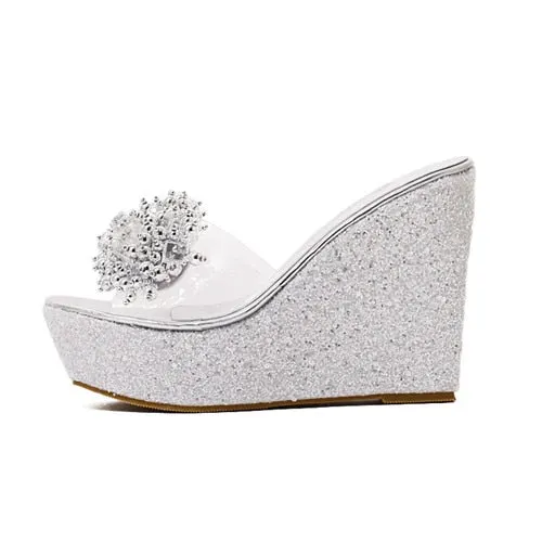 Gdgydh Rhinestone Wedges Sandals Women 2021 New Summer Sexy Trifle Slides Casual Beading Open Toe Female Sandals Platform Shoes