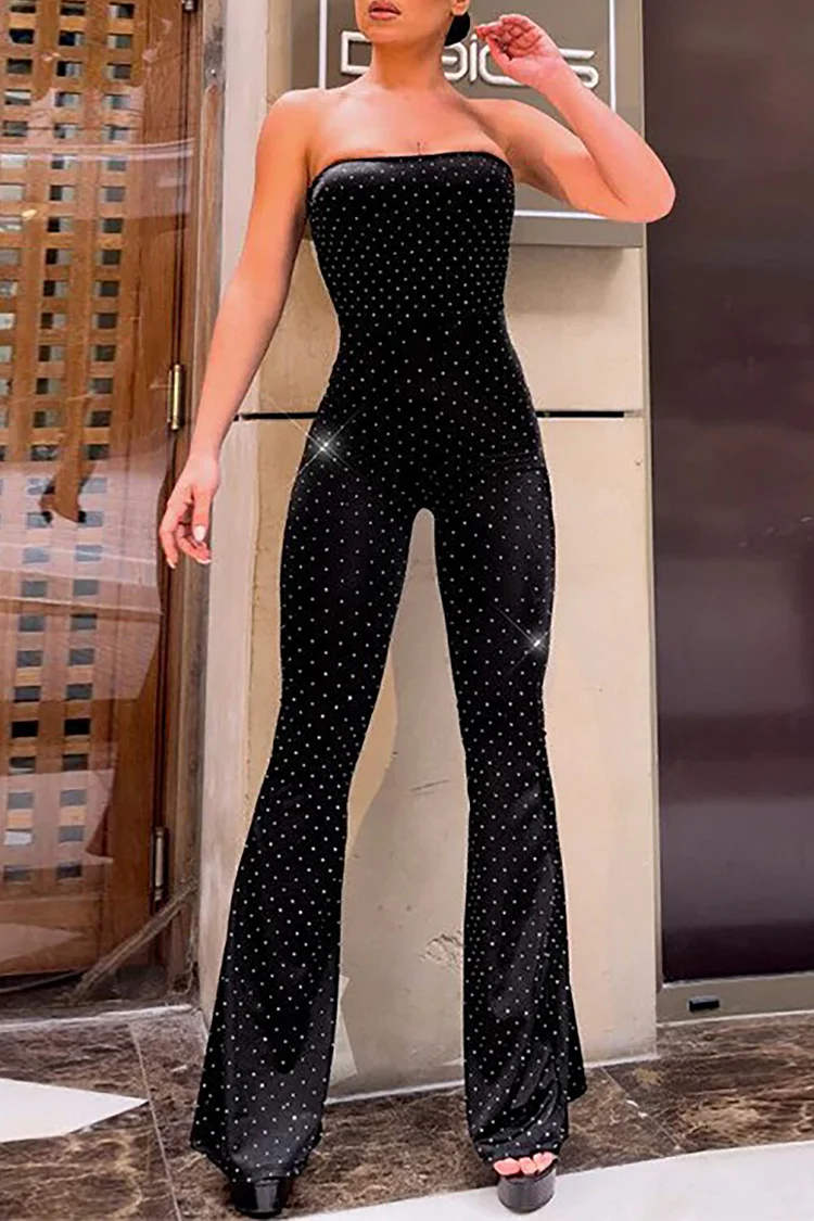 Boat Neck Strapless Flared Leg Glittering Jumpsuit-Black
