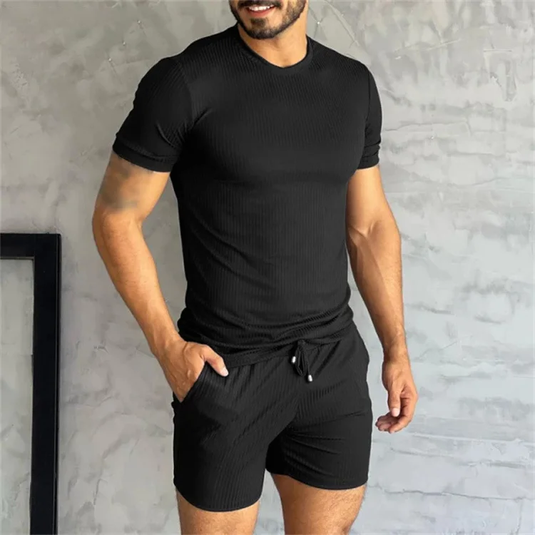 BrosWear Men's Solid Color Pit Stripe Comfortable Short Sleeve T-Shirt And Short Co-Ord