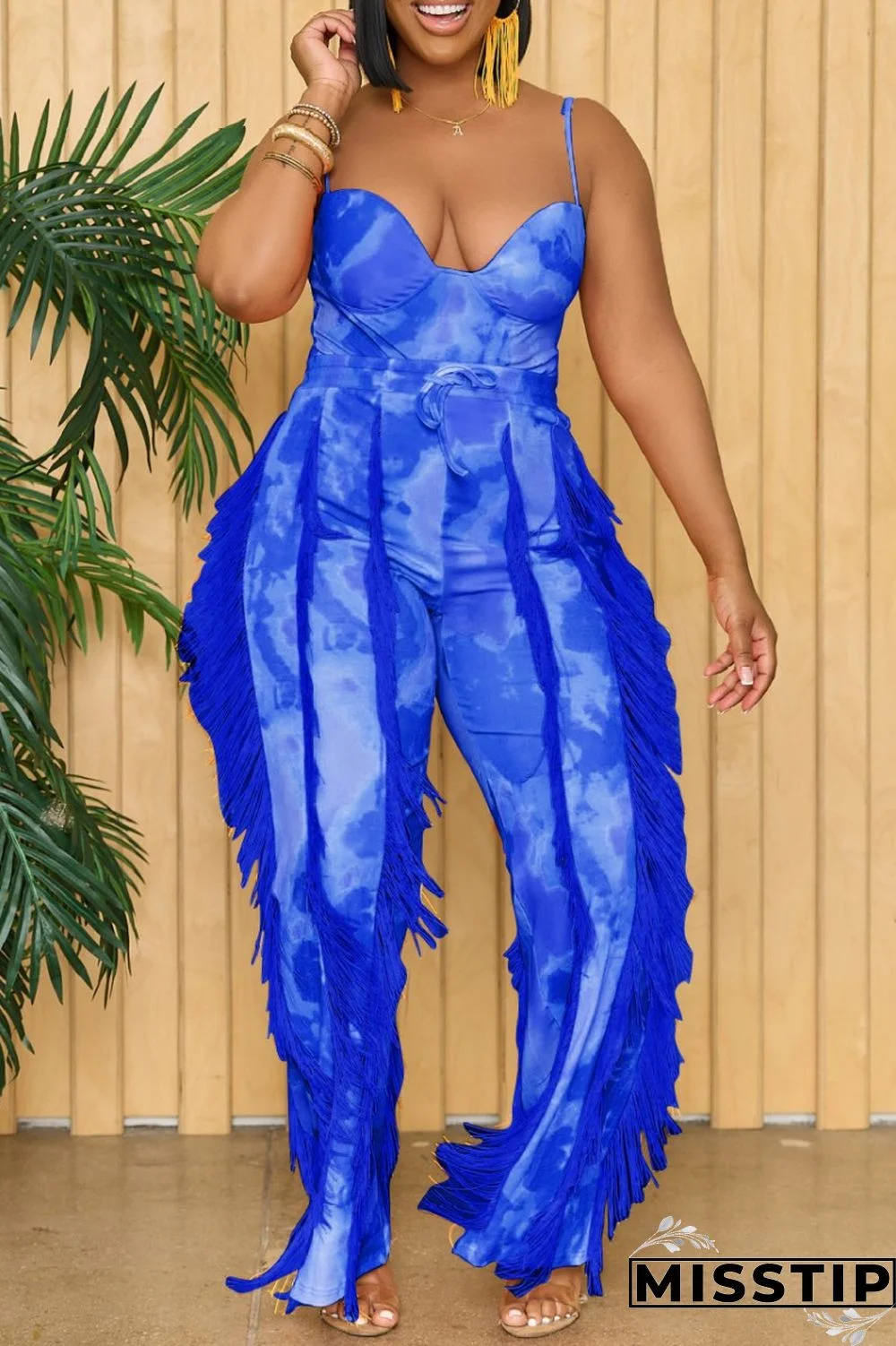 Blue Sexy Casual Print Tassel Backless Spaghetti Strap Sleeveless Two Pieces