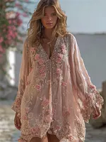 Boho Pink Roses Glitter Lace Flowy Linen Mini Dress