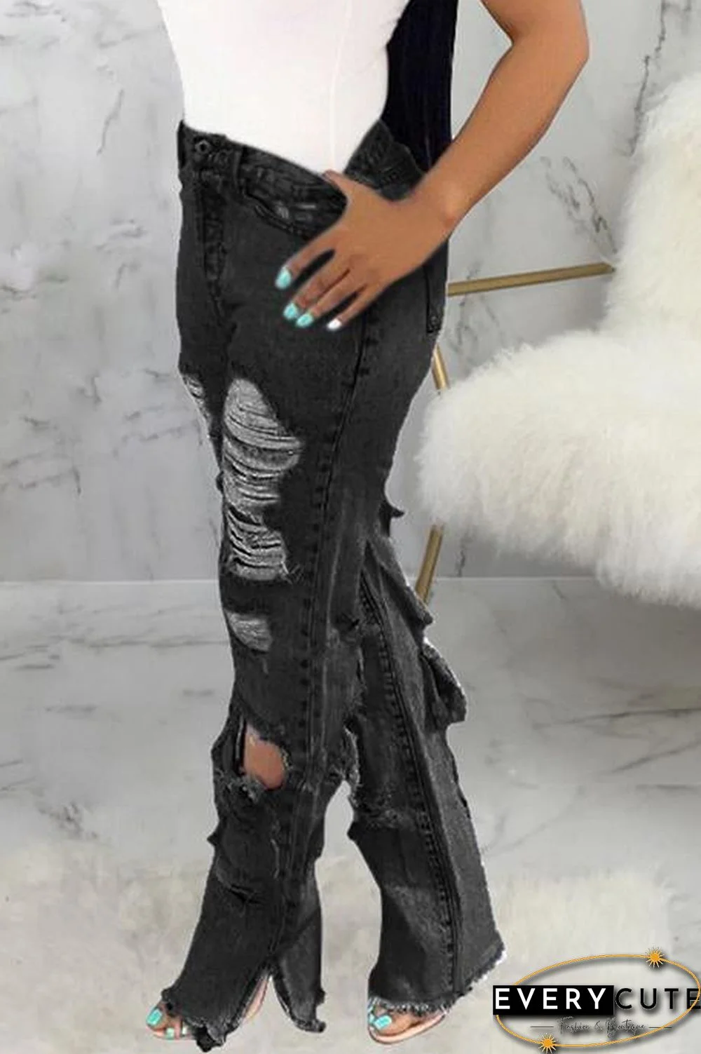 Hole Distressed Denim Slit Jeans