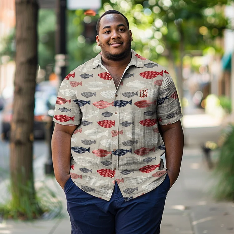 Men'S Plus Size Japanesero Fish Art Printed Mixed Linen Shirt