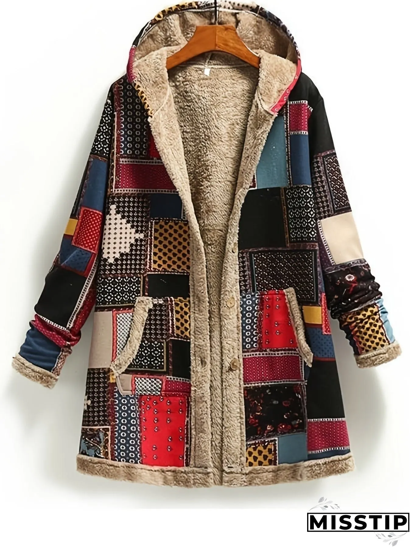 Vintage Patchwork Printed Long Sleeve Button-Up Hooded Coat
