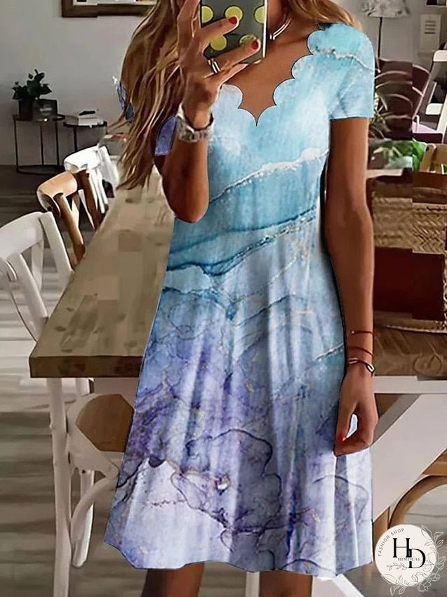 Casual Dress Shift Dress Print Dress Ombre Print Scalloped Neck Mini Dress Active Fashion Outdoor Daily Short Sleeve Regular Fit Blue Spring Summer S M L XL XXL for Women