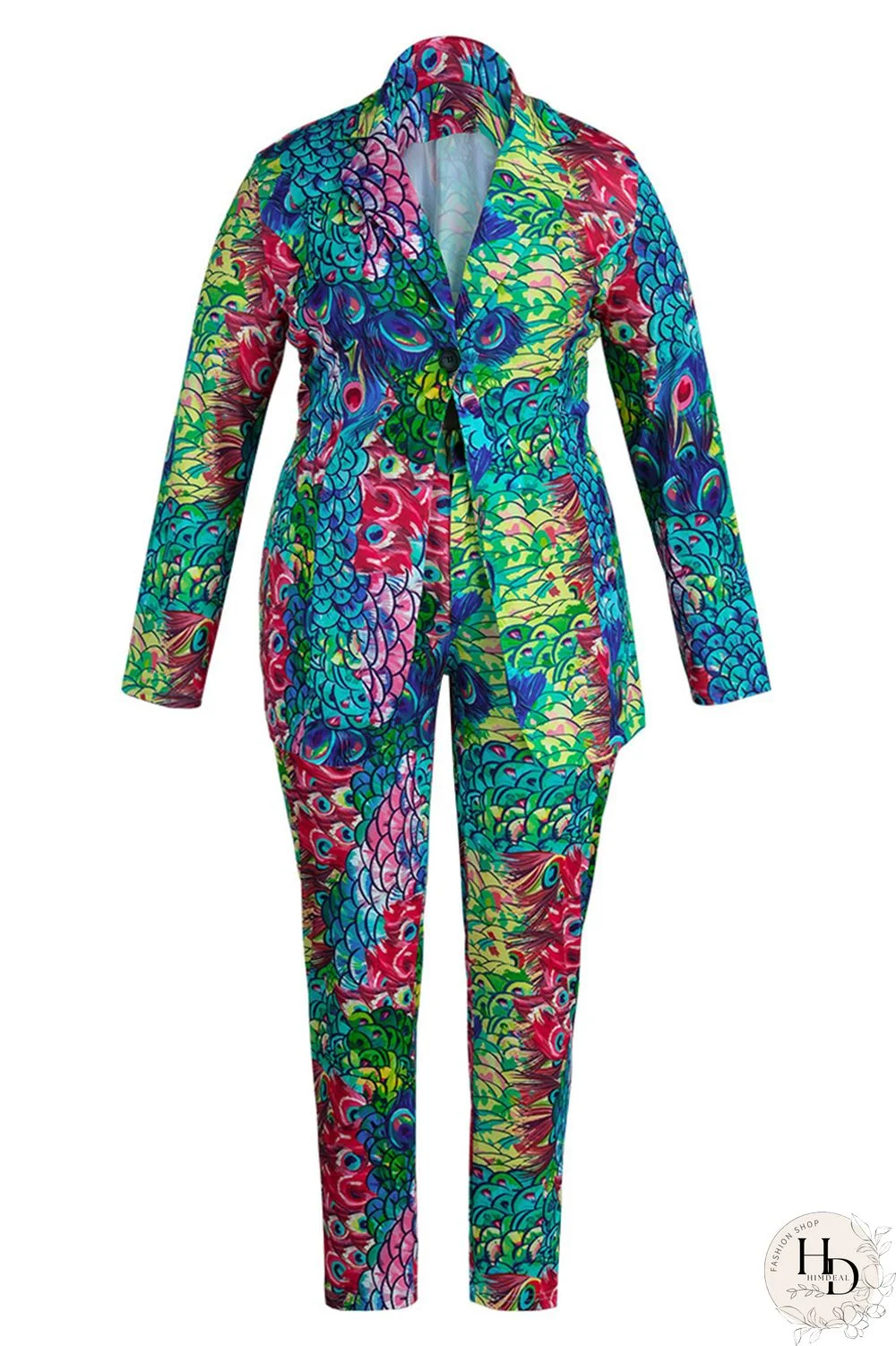 Turquoise Fashion Casual Print Cardigan Pants Turndown Collar Plus Size Two Pieces