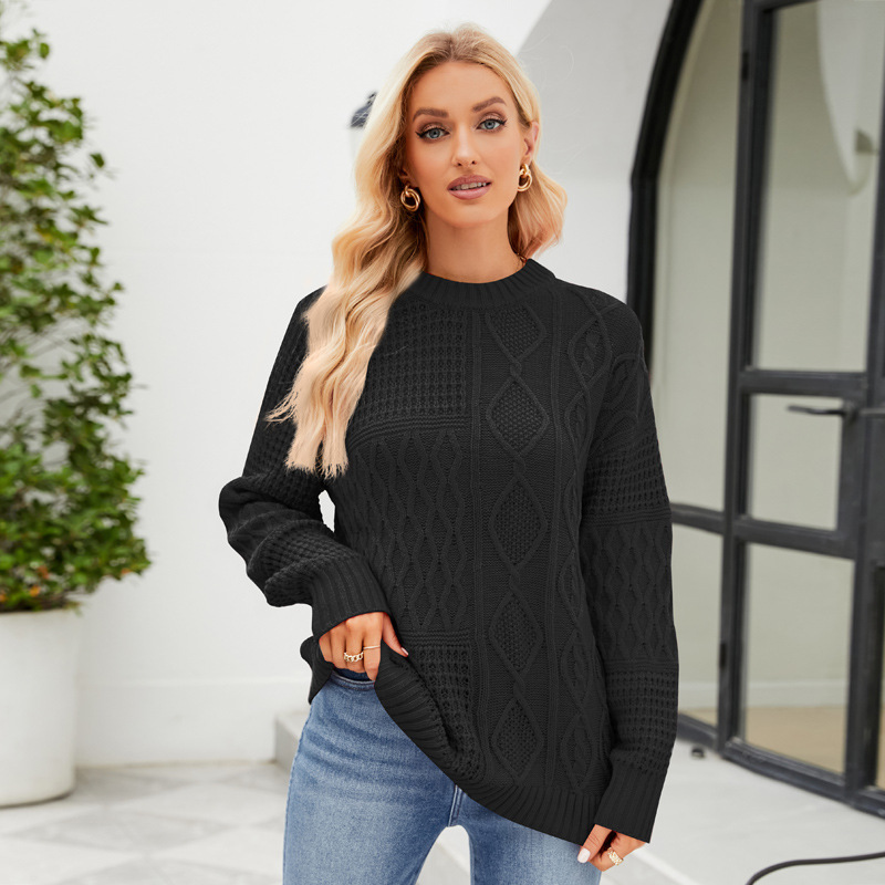 Mature Women Casual Round-neck Pullover Sweater Fall Winter Solid Color Tops