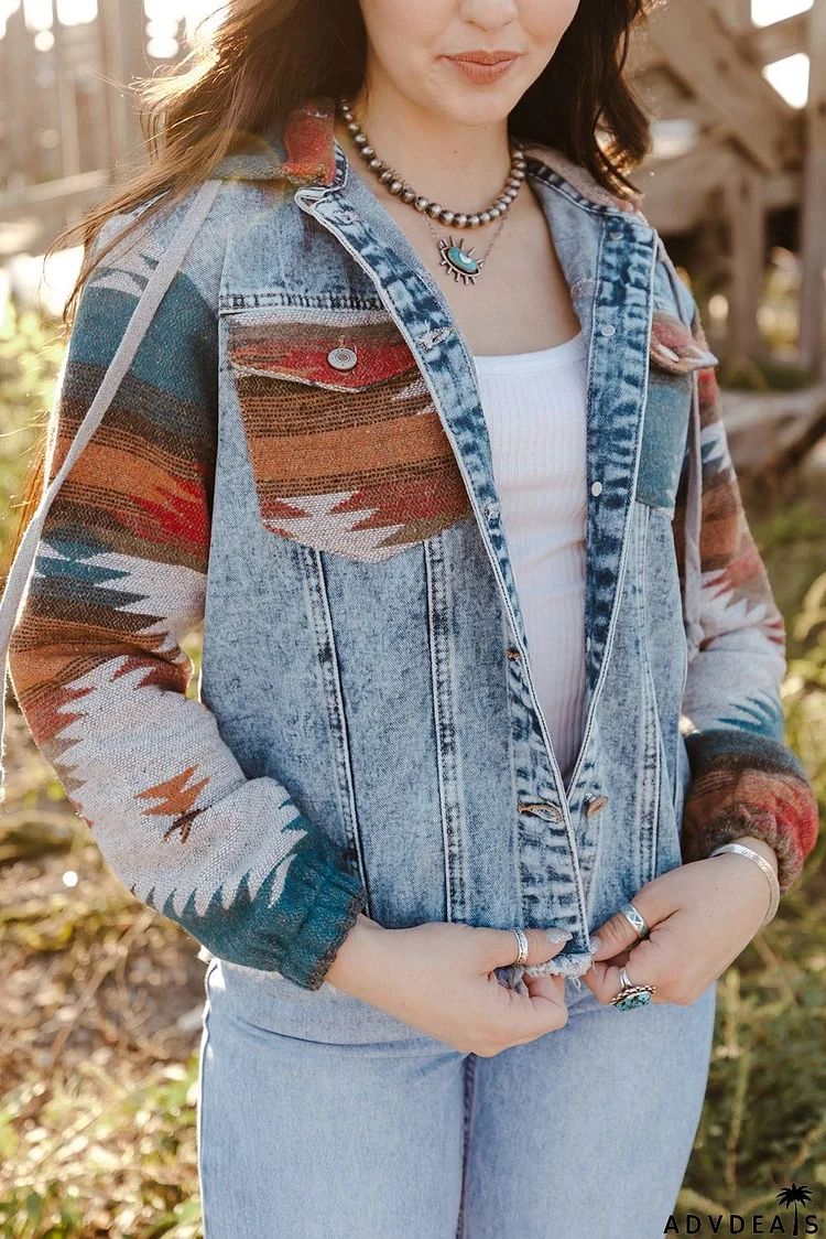 color Aztec Print Frayed Hem Denim Jacket