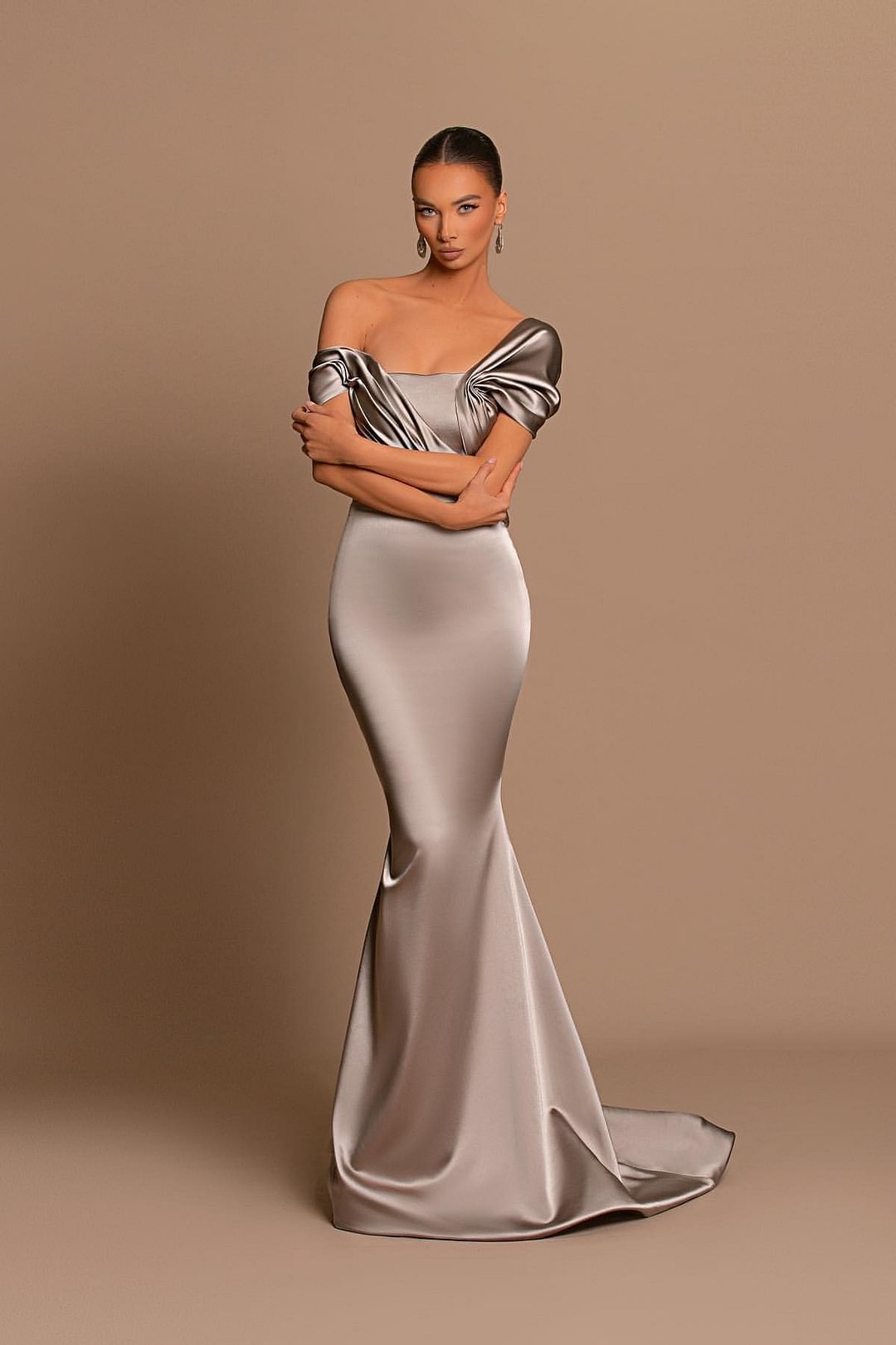 Grey Evening Dress Off The Shoulder Bateau Pleated Ball Gown