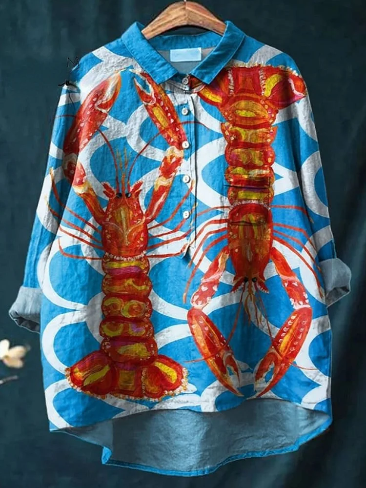 Vintage Lovely Lobster Pattern Art Print Casual Cotton And Linen Shirt