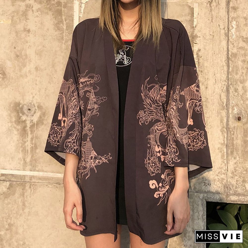Vintage Dragon Print Kimono Outerwear