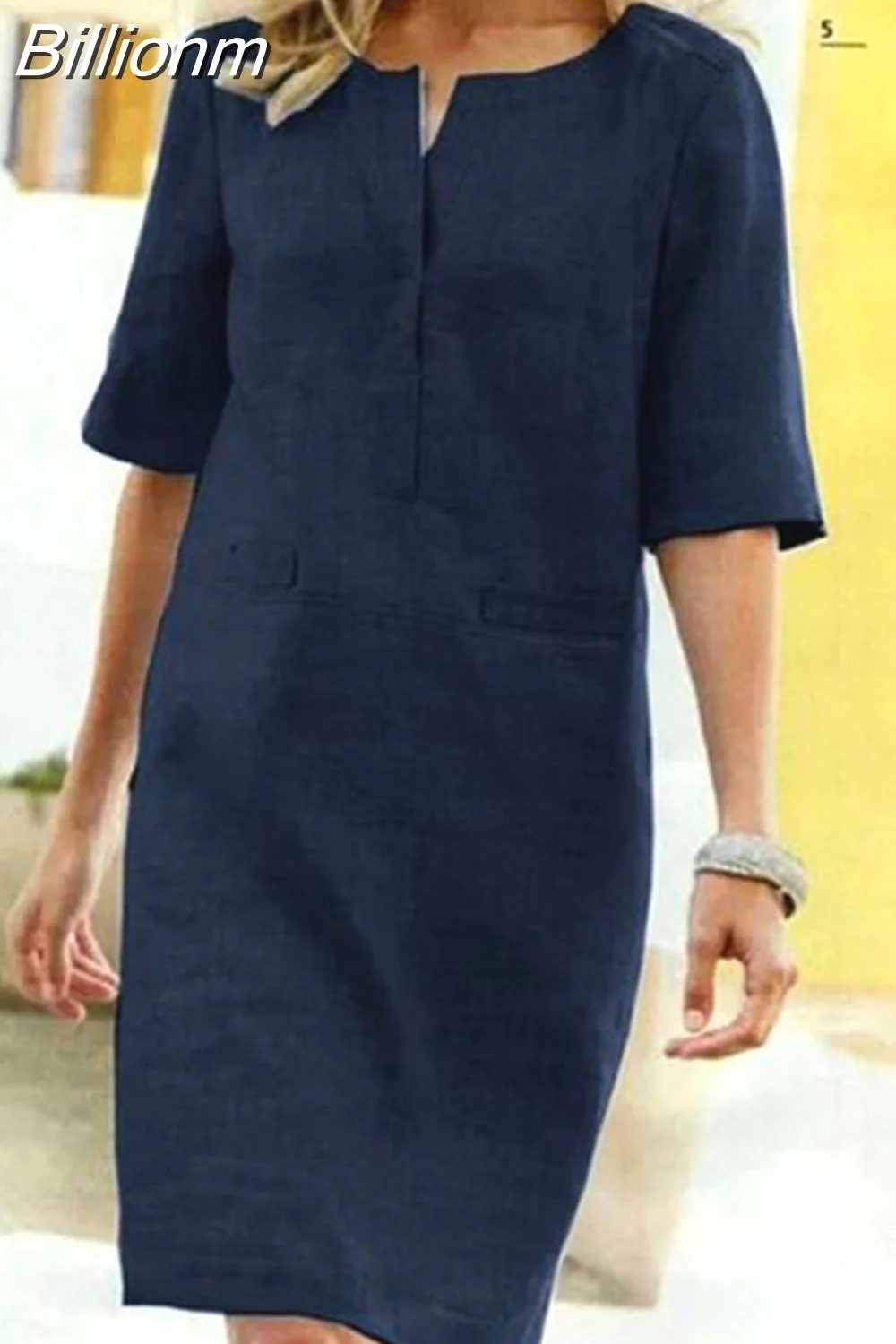 Billionm Color Button O Neck Cotton Linen Summer Dress Women Vintage Short Sleeve Pocket Knee Dress Casual Loose Plus Size Dresses