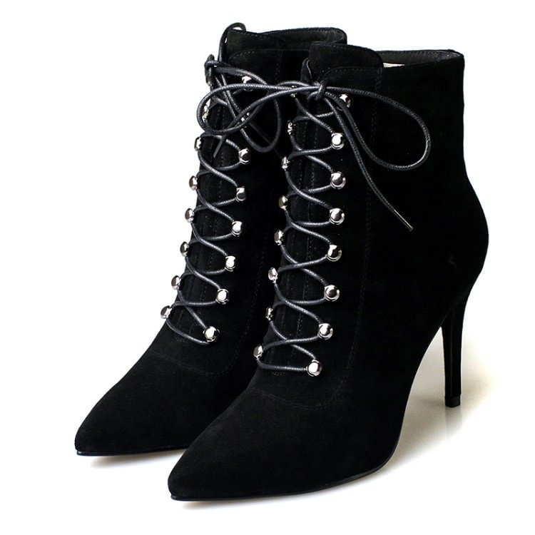 Black Lace up Boots Pointy Toe Suede Stiletto Heel Booties for Work |FSJ Shoes