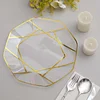 10 Pack | 10" Clear / Gold Geometric Design Plastic Dinner Plates, Disposable Octagon Party Plates