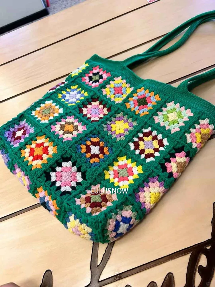 Lulusnow Handmade Green Granny Square Crochet Shoulder Bag St.Patrick's Gift 