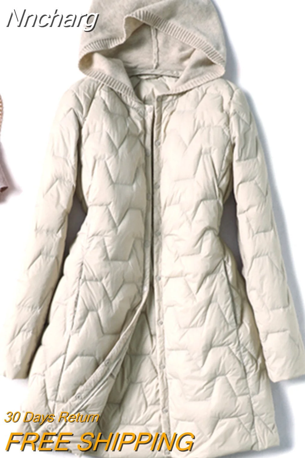 Nncharge Winter New Knitted Hood Midi Long Light Feather Jacket Women 90% White Duck Down Coat Windproof Sleeve Solid Color Outwear