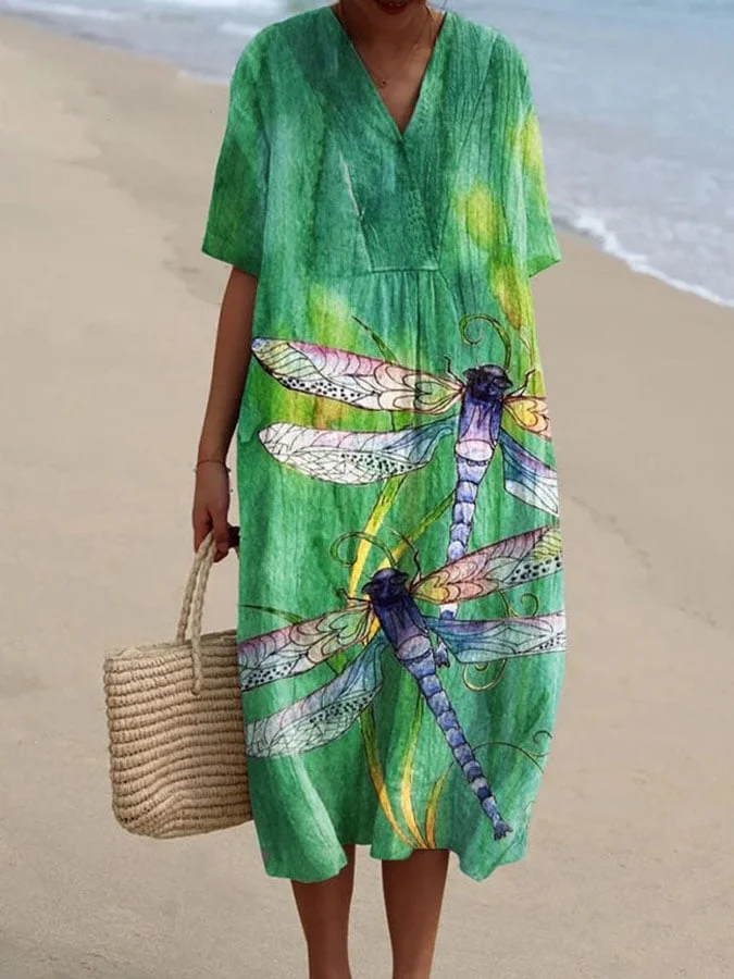 Women's Dragonfly Print Casual V Neck Dress