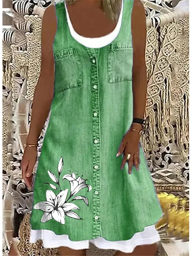 Uveng Sleeveless Stitching Printing Casual Dress Dresses