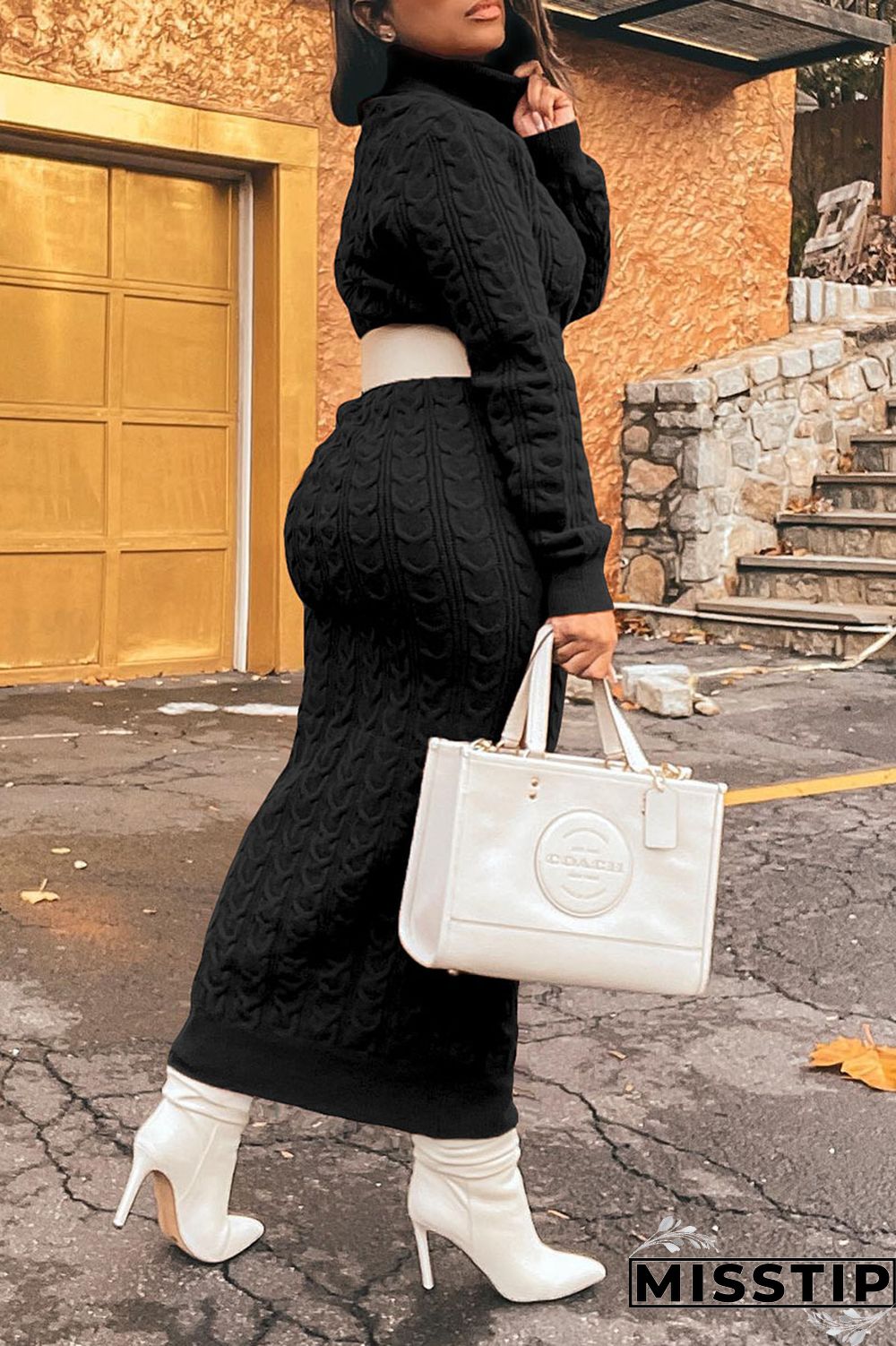 Light Brown Casual Solid Patchwork Turtleneck Straight Dresses(Without Belt)