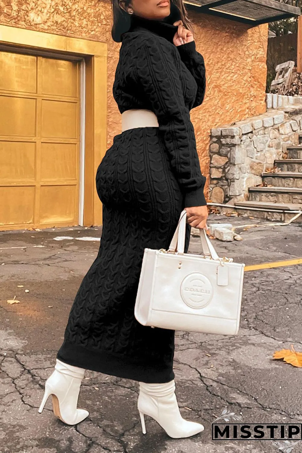 Light Brown Casual Solid Patchwork Turtleneck Straight Dresses(Without Belt)