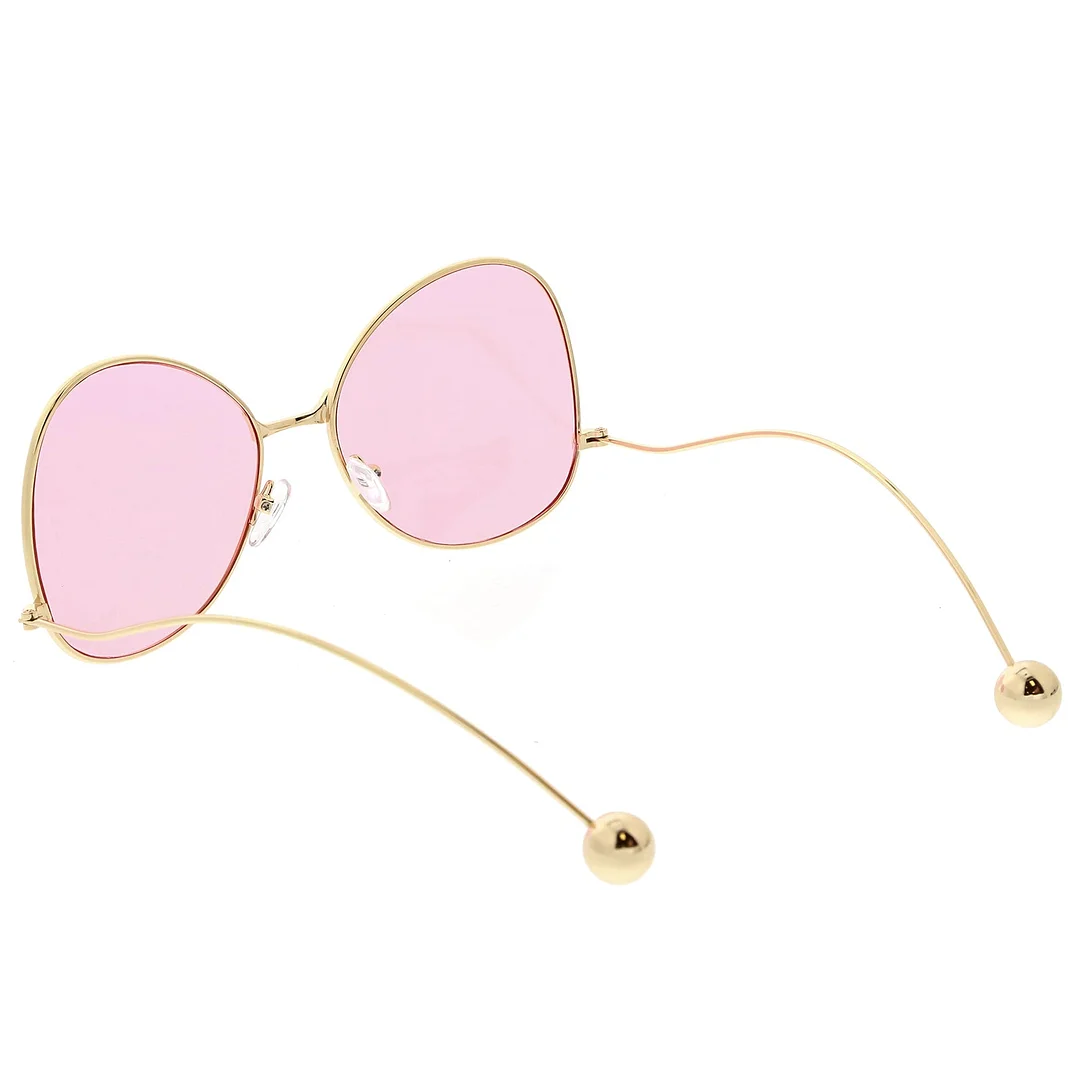 Women's Metal Butterfly glasses Thin Curved Arms Ball Accent Color Tinted Flat Lens 56mm