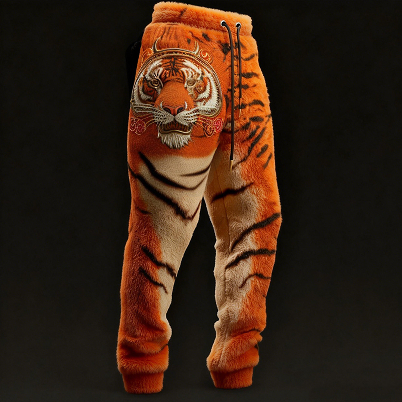  Men's Vintage "king Of The Forest" Tiger Pattern Plush Pants Westsshops