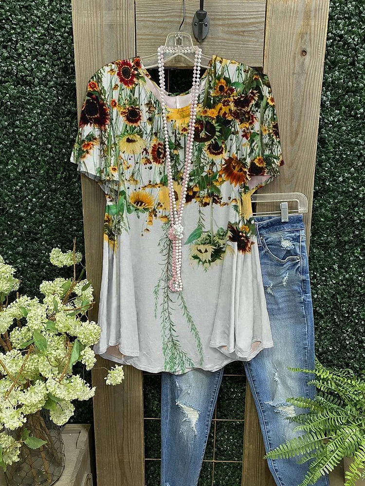 Elegant Ladies Sunflower Print Casual T-shirt-Mayoulove