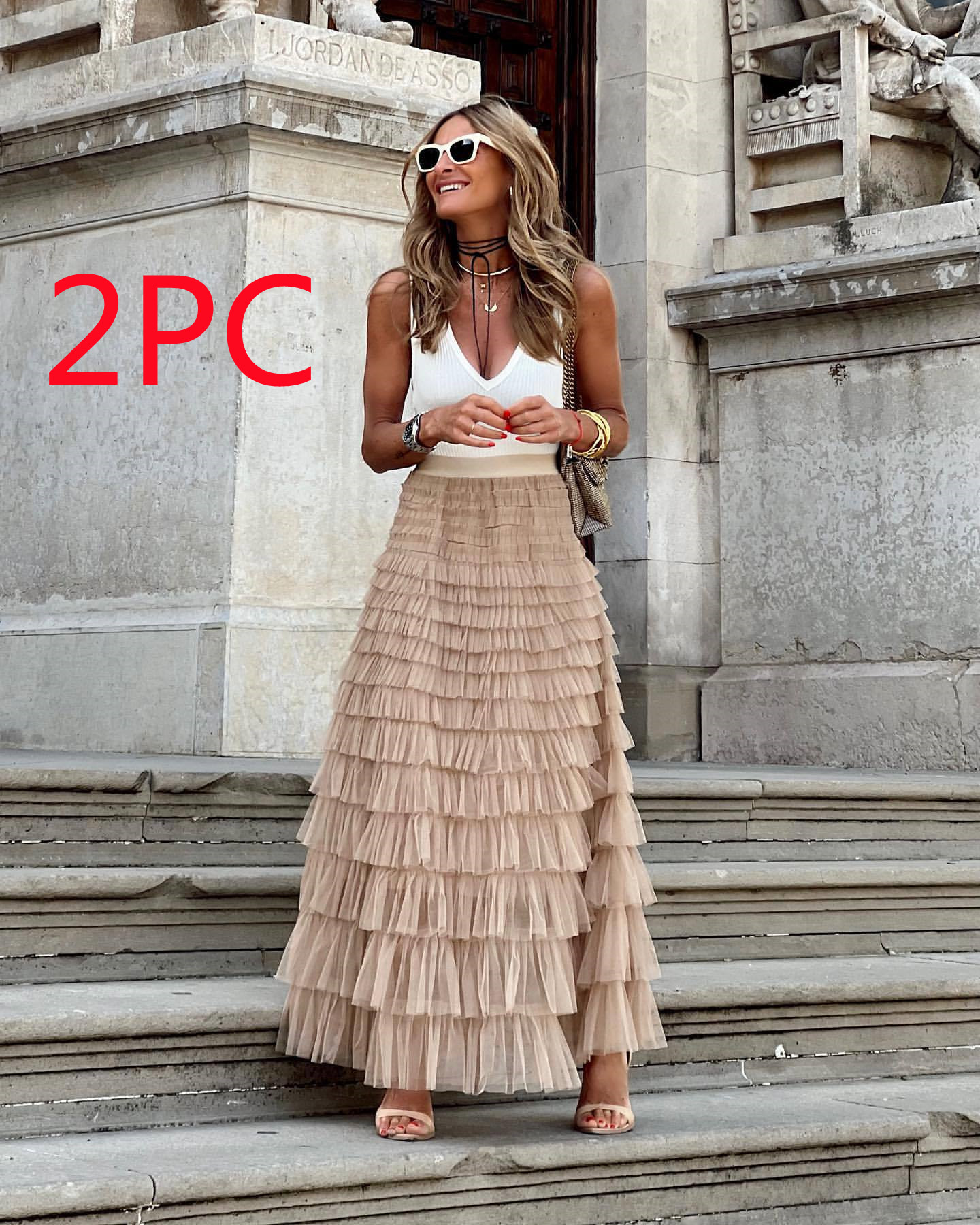 Mature Women Layered Ruffles Cake Skirt Summer Fashion A Line Swing Mesh Long Skirt Party Dress