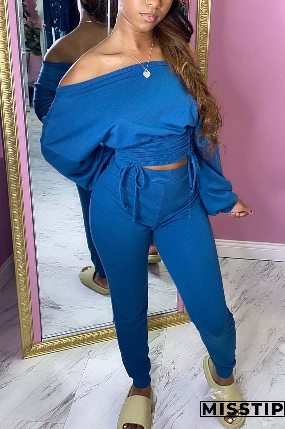 Peacock blue Casual Solid Fold One Shoulder Long Sleeve Two Pieces