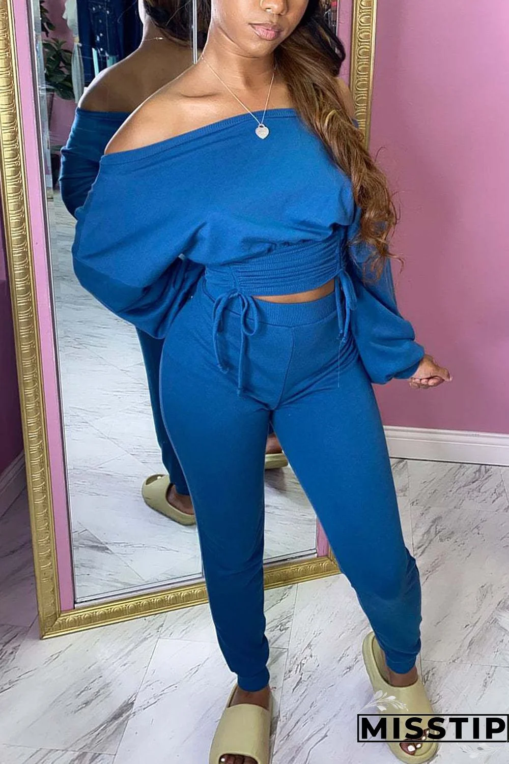 Peacock blue Casual Solid Fold One Shoulder Long Sleeve Two Pieces