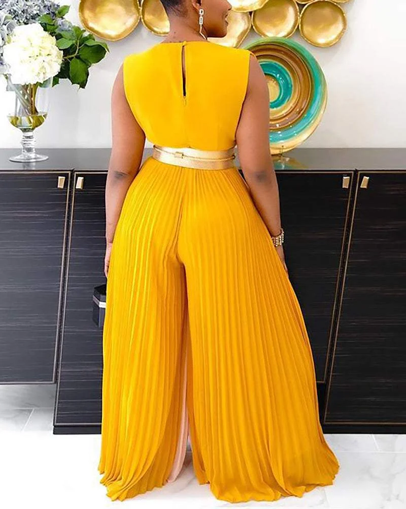 Fashion Casual V-neck Sleeveless Pleated Wide-leg Jumpsuit