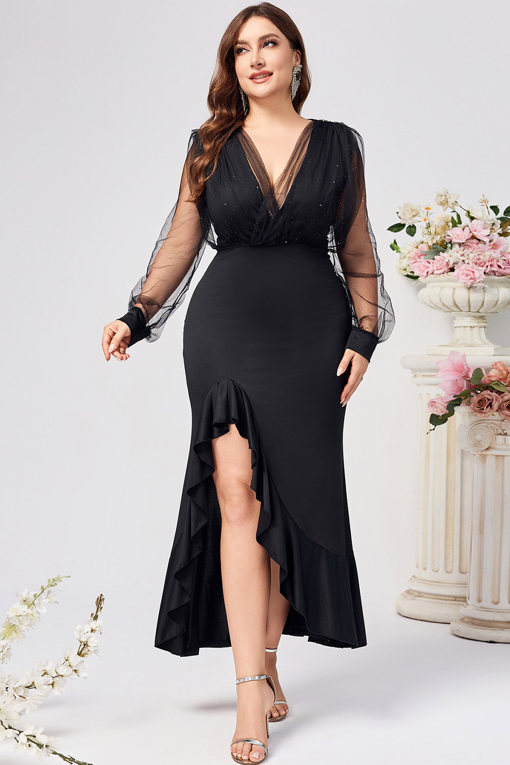 Plus Size Everyday Black Wrap Mesh Long Sleeve Ruffle Slit Bodycon Maxi Dress 2024 - Flycurvy 