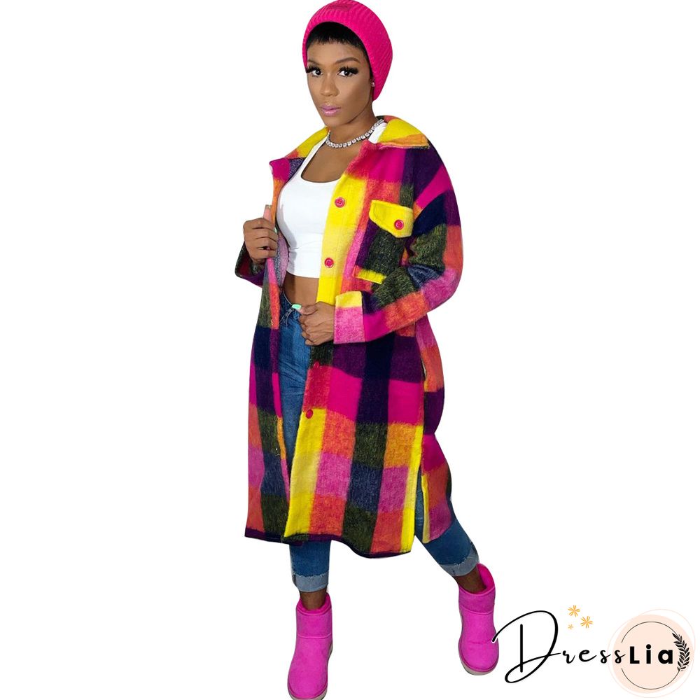 Plaid Lapel Single-breasted Woolen Long Coat