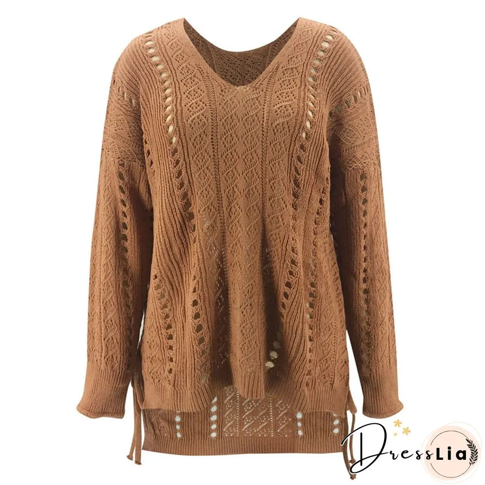 Women Winter V-Neck Sweaters Vintage Hollow Out Pullovers Sweater Ladies Solid Colour Hollow Out Pull Femme jersey mujer D30