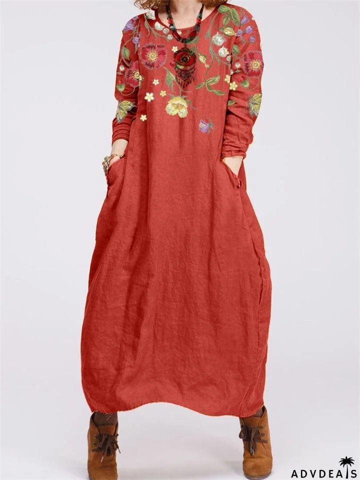 Female Comfort Round Neck Oblique Pockets Floral Printed Dresses