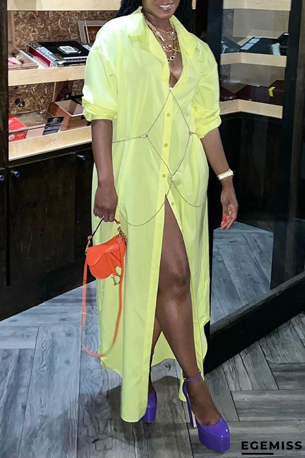 Yellow Casual Solid Patchwork Buckle Turndown Collar Shirt Dress Dresses | EGEMISS