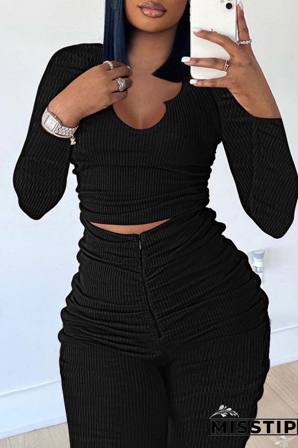 Brownness Fashion Casual Sweet Solid Fold O Neck Long Sleeve Two Pieces