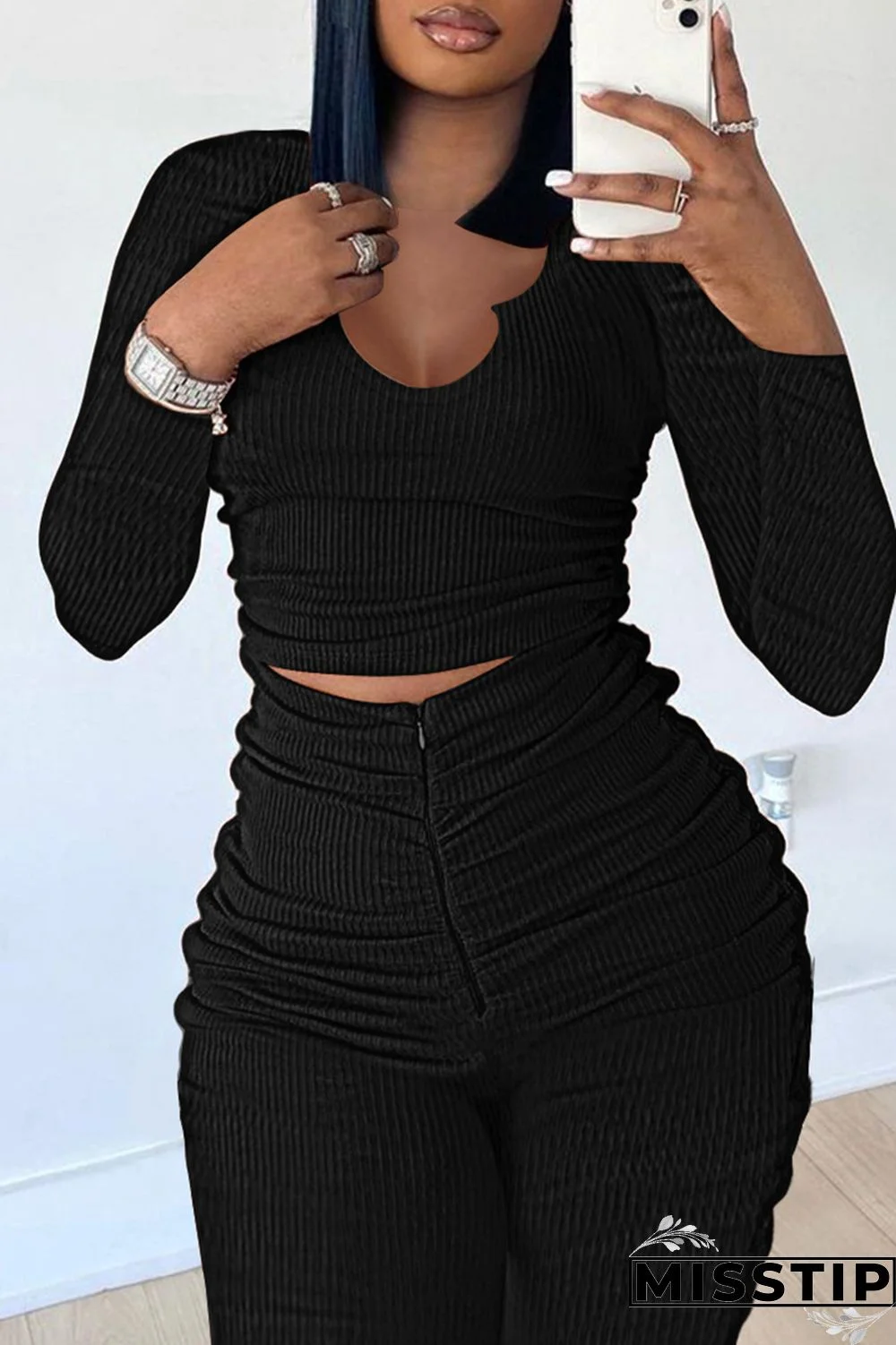 Brownness Fashion Casual Sweet Solid Fold O Neck Long Sleeve Two Pieces