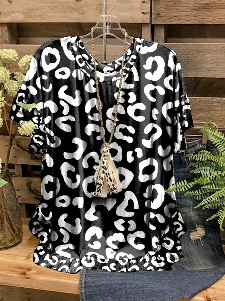 Women's Crew Neck Leopard Print Short Sleeve Top