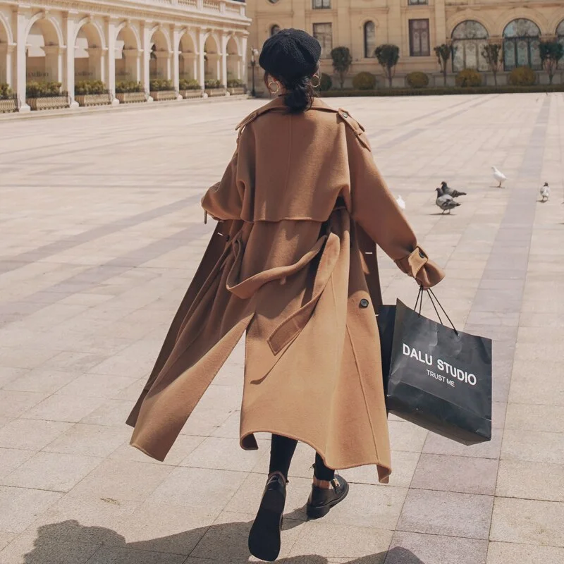 Brand New England Style Women Wool Blend Coat Double-Breasted with Belt Long Lady Overcoat Female Winter Outerwear