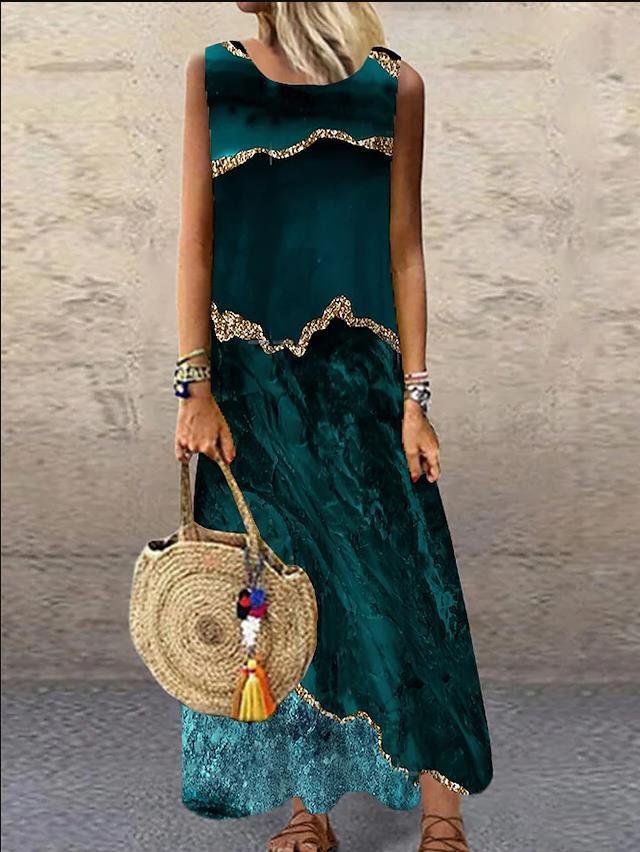 Long Dress Colorful Women Shift Round Neck Casual Vacation Sleeveless Dress