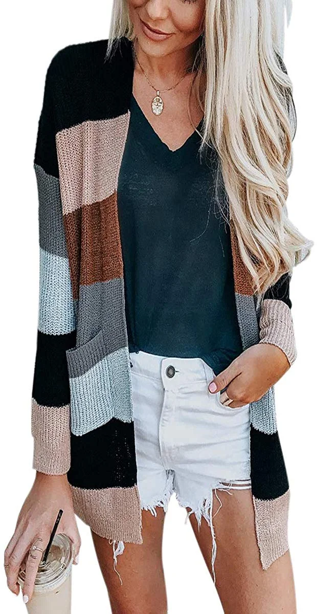 Women's Striped Long Sleeve Open Front Knit Cardigan Casual Pullover Sweater