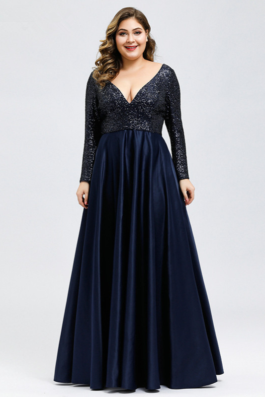 Gorgeous Long Sleeve Sequins Prom Dress Navy V-Neck Plus Size Evening Gowns
