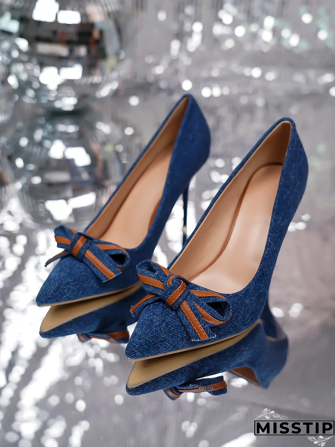 Women denim bow stiletto heels