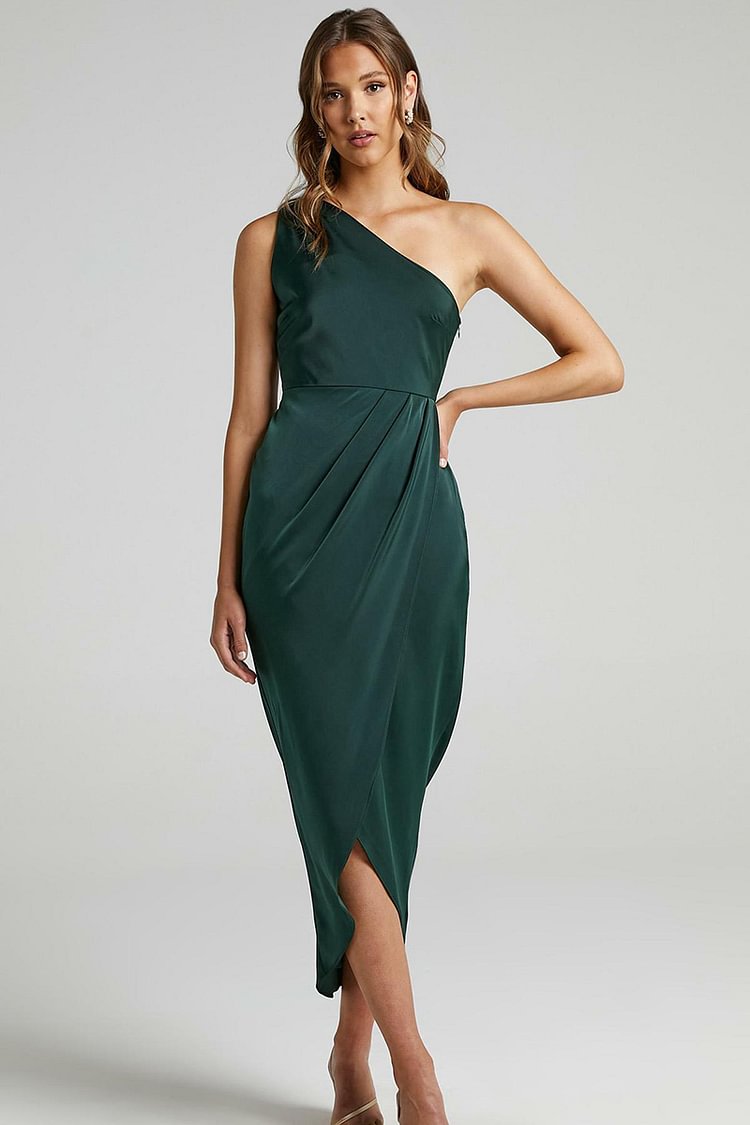 One Shoulder Irregular Hem Split Gown Midi Dresses